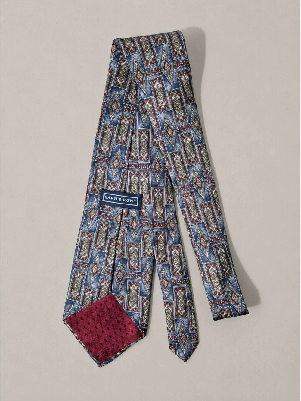 Savile Row 100% Silk Geometric Necktie Blue Burgundy Gold Wide 4 Inch Vintage